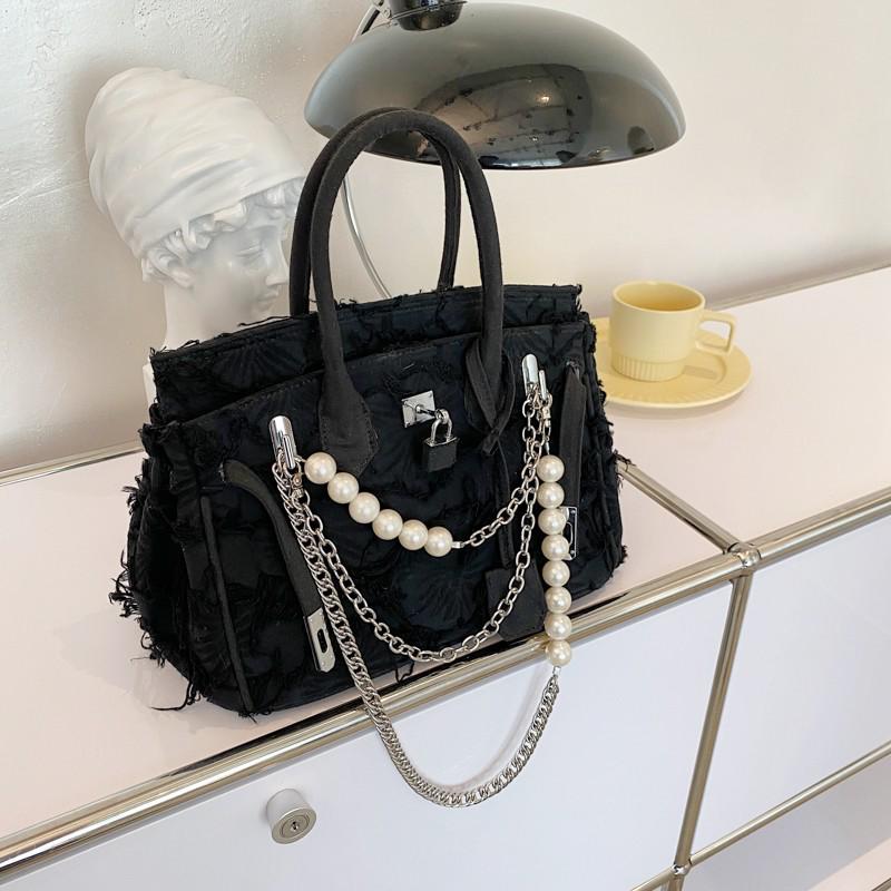 2025 Vintage Women's Denim Tote with Pearl Chain Shoulder Strap