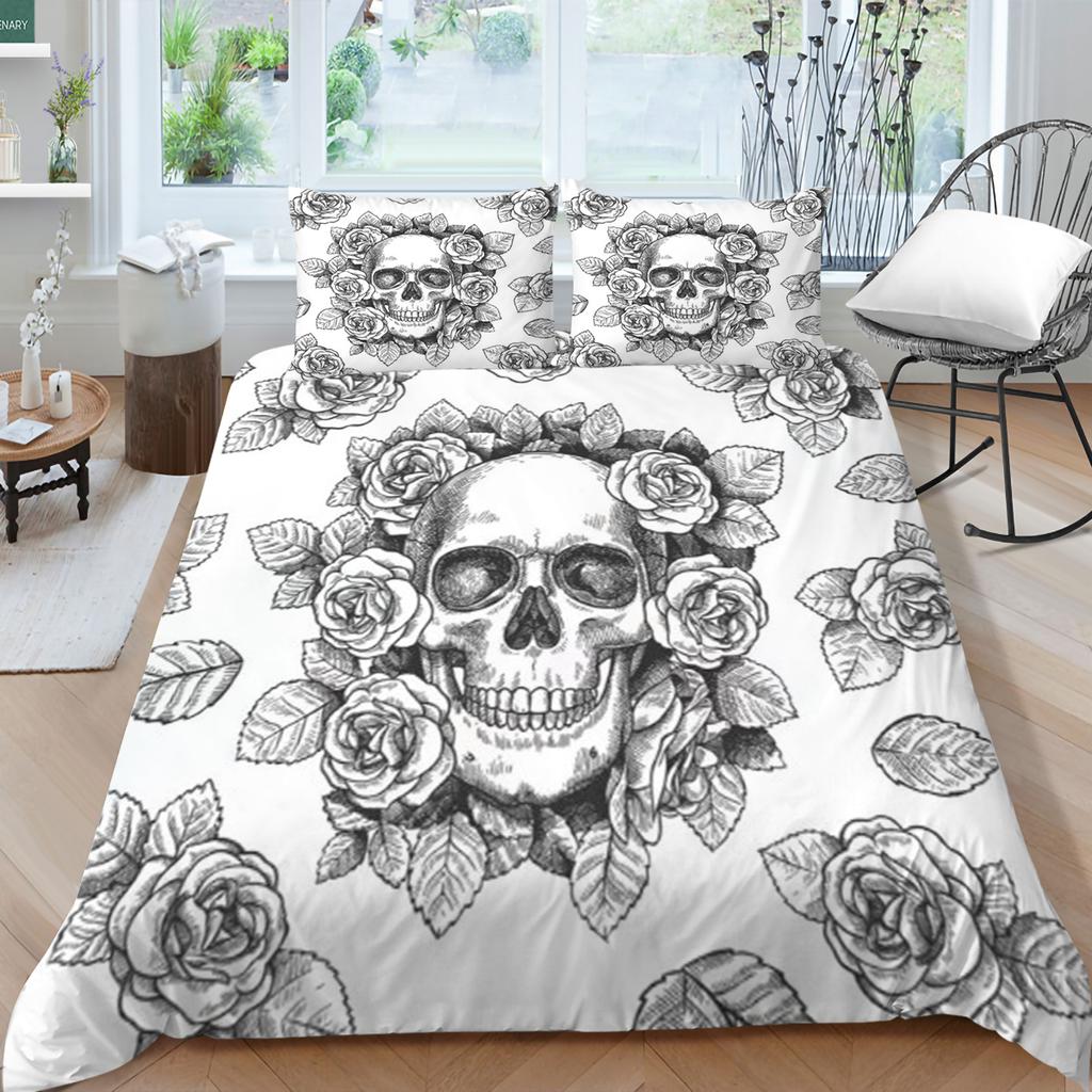 Bettbezug-Set mit Totenkopf-Druck, für King-Size-Bett, Doppelbett, Heimtextilien, modische Bettwäsche, Anzug, Bettbezüge, einzigartiges Design