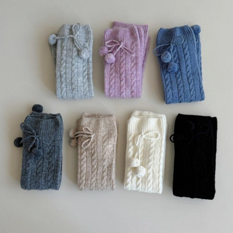 Fashionable Plush Balls Bows Adorned Leg Warmers for Women's Cable Knitted Stretchy Leg Covers Sleeves Calf Socks