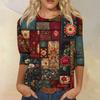 Women's Fashion Casual Round Neck Three-quarter Sleeve Retro Floral Print T-shirt Top