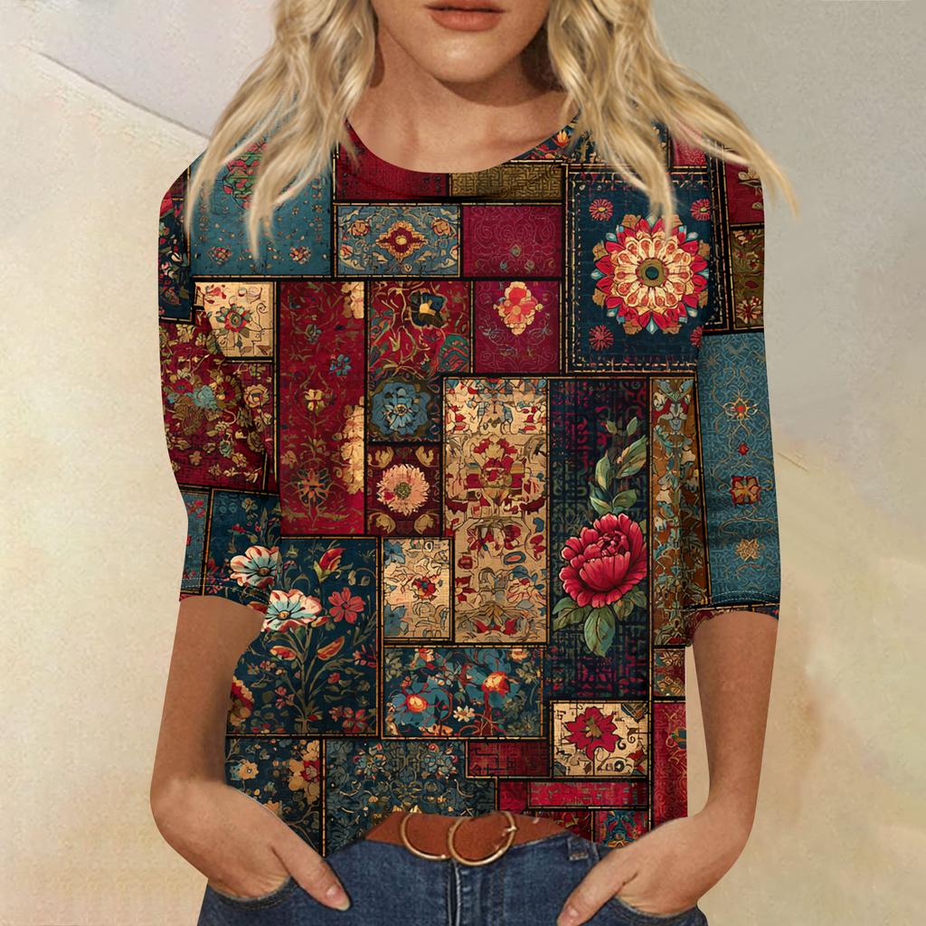 Women's Fashion Casual Round Neck Three-quarter Sleeve Retro Floral Print T-shirt Top