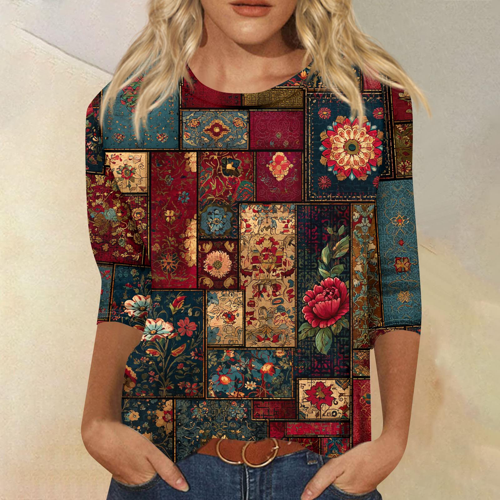 

Женская модная повседневная футболка с круглым вырезом и рукавом три четверти, в стиле ретро, с цветочным принтом XL красный