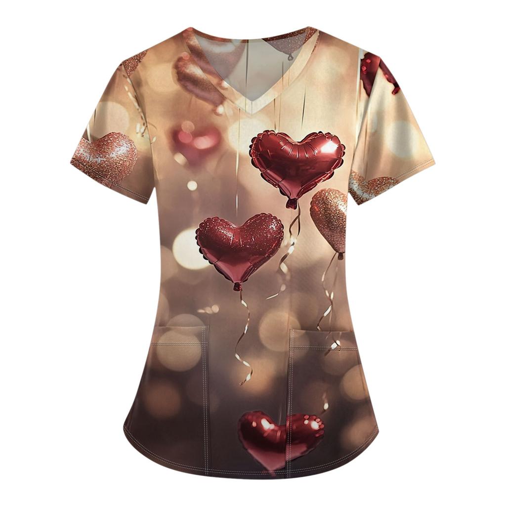 Damenmode V-Ausschnitt Kurzarm Overalls mit Tasche Valentinstag Bedruckte Oberteile Kleidung