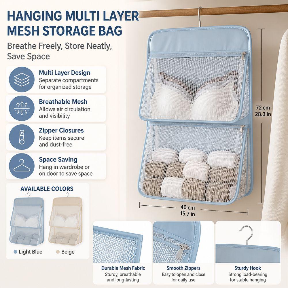 Breathable Mesh Underwear Hanging Bag Multi Layer Closet Storage Bag Wardrobe Organization