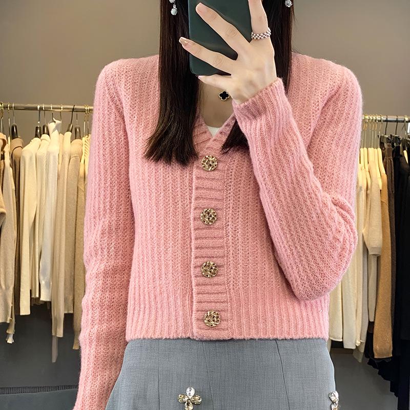 Women's Early Autumn High-Waisted Knit Cardigan - V-Neck, Fine Imitation Wool, Net Celebrity Style