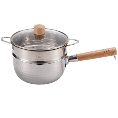 Yoshifuji Kogei 18cm Yukihira Saucepan Steamer, Induction and Gas Compatible, Stainless Steel with Tempered Glass Lid, Steamer Included, Double-Sided