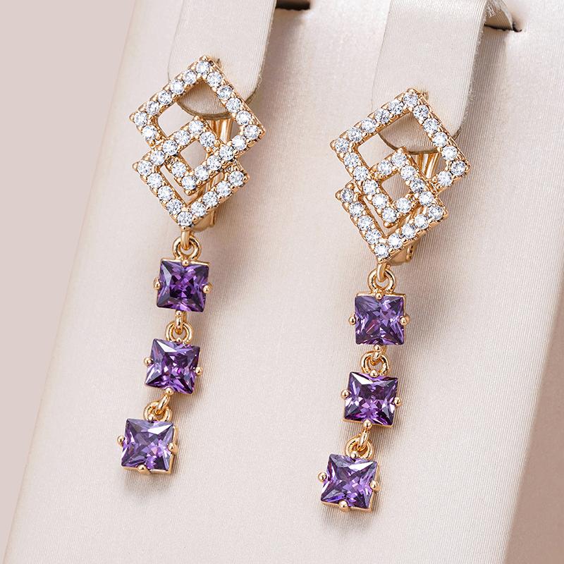 Fashion  Rose Gold Long Drop Earrings For Women Unique Purple Natural Zircon Accessories Bride Wedding Jewelry