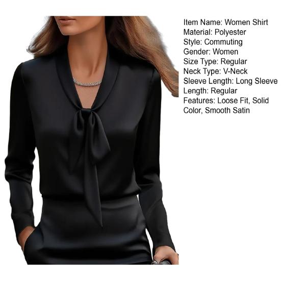 Yousheng Women Shirt V-Neck Lace-up Collar Long Sleeve Satin Texture Blouse Solid Color Regular Fit Office Lady Casual Tops