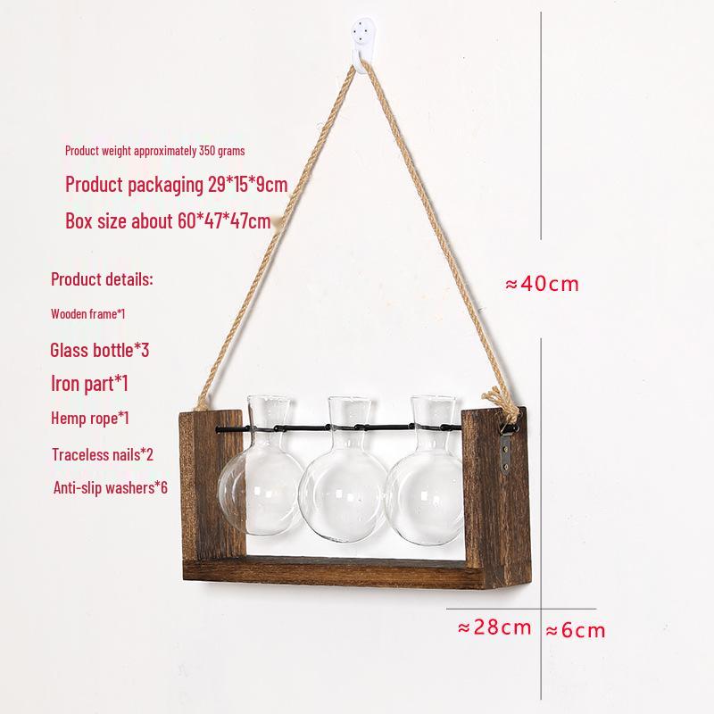 Wall-Mounted Hydroponic Glass Vase with Wooden Stand for Water Plants and Flower Display