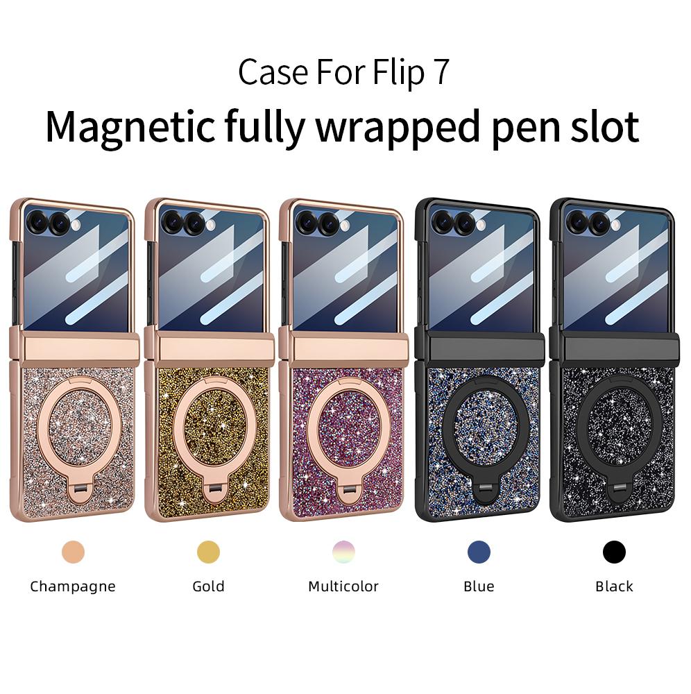 360 Rotating Bracket Luxury Magnetic Case for Samsung Flip 7 6 Full Protection Tempered Glass Screen Protector Kickstand Cover