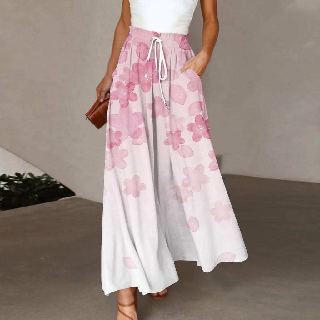 Women's Pants Boho Print Elastic High Waisted Pants Casual Wide Leg Long  Pant Trousers With Pocket