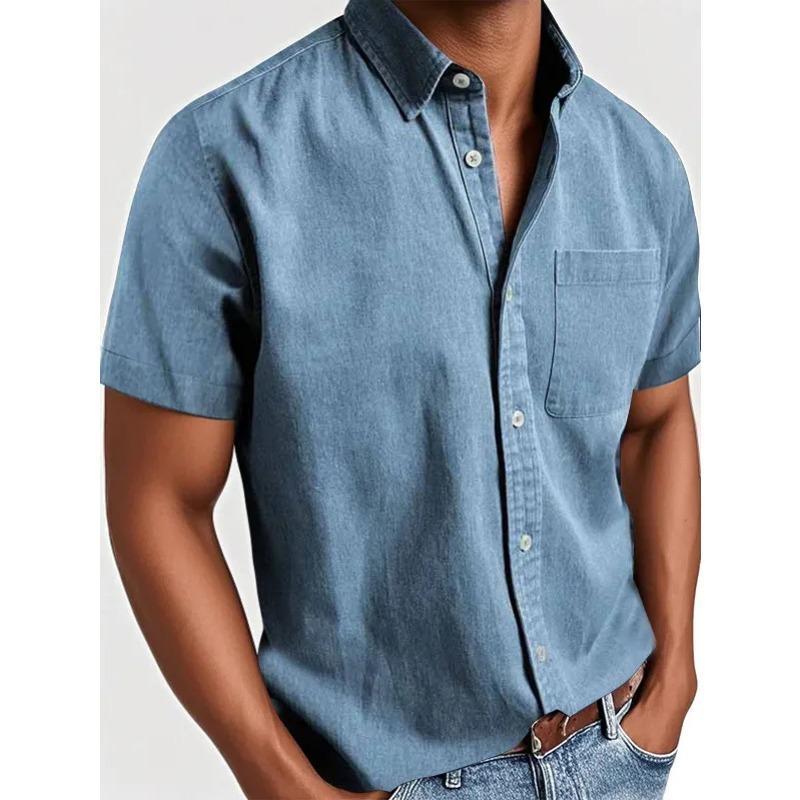 Summer Lapel Solid Color New Pocket Single Breasted Shirt Men's Short Sleeve Shirt Tops