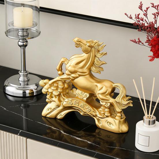Resin Horse Statue Golden Feng Shui Chinese Zodiac Horse Sculpture 2026 Year of The Horse Collectible Figurine for Tabletop Mantel Home Office Decor