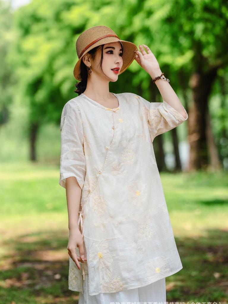 2026 Spring/Summer Women's Elegant Chinese-Style Embroidered Asymmetrical Ramie Shirt with Tie-Up and Round Neck.