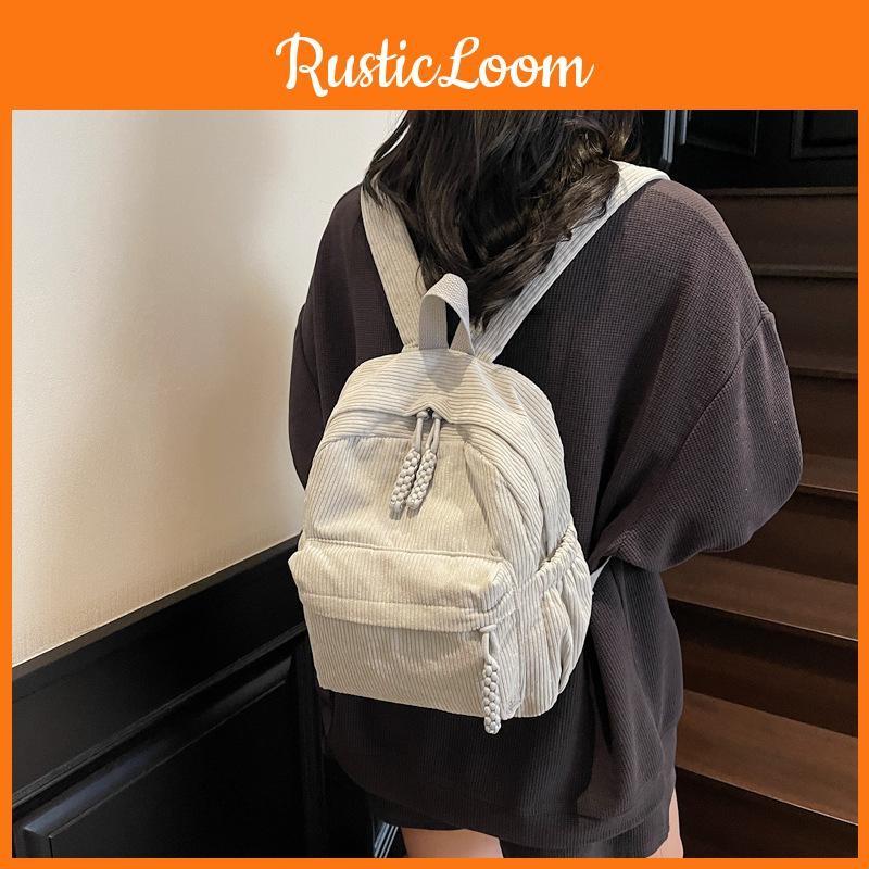 Solid Color Stripes Corduroy Backpack School Travel Functional Pocket Inner