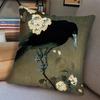 1 Pièce Housse de Coussin Japonaise Ukiyo-E Corbeau, Polyester Impression 2D Double Face, Art Vintage Corbeau Fleur de Cerisier, Décoration Asiatique Gravure sur Bois