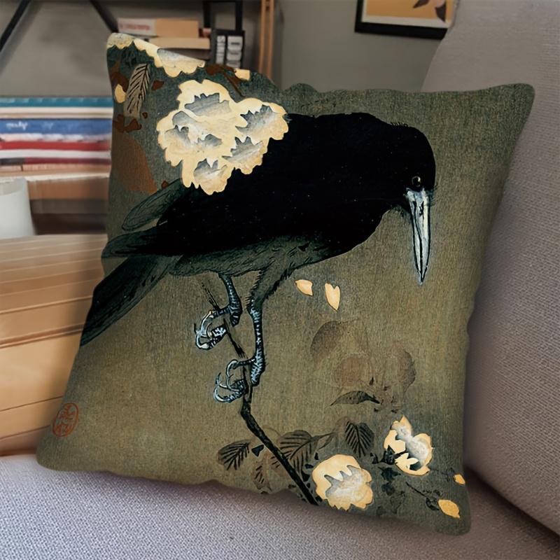 Jessica Chen Unisex 1Pc Japanese Ukiyo-E Crow Pillow Cover, Polyester 2D Double-Sided Print, Vintage Cherry Blossom Crow Art, Asian Woodblock Decor