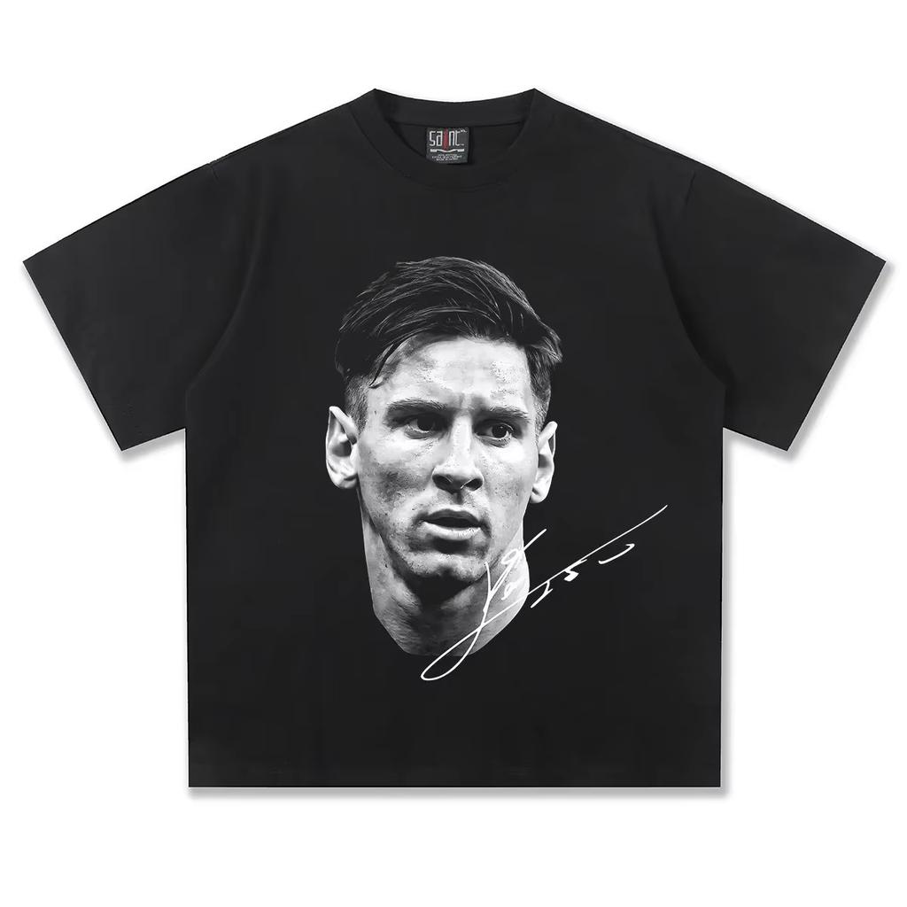 Men's Short Sleeve Messi Football Head Vintage Print Fashion Loose Heavy Oversized Streetwear Y2k Short Sleeve Female Male Clothing