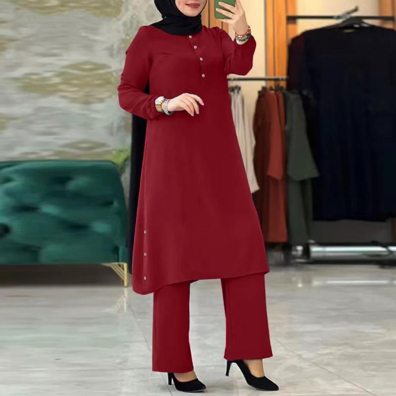 New Muslim women's clothing round neck placket bubble sleeve shirt side seam decorative wooden buckle fashion casual suit
