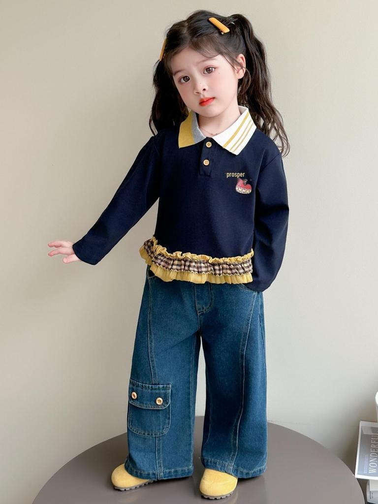2025 New Girls' Korean Style Casual Sweatshirt and Jeans Set - Fashionable Autumn Outfit for Kids
