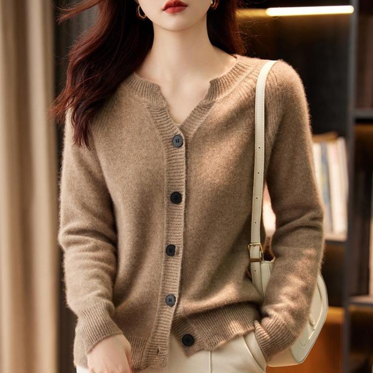 Loose Knit Cardigan for Women Versatile Long Sleeve Solid Color V Neck Jacket Autumn Winter