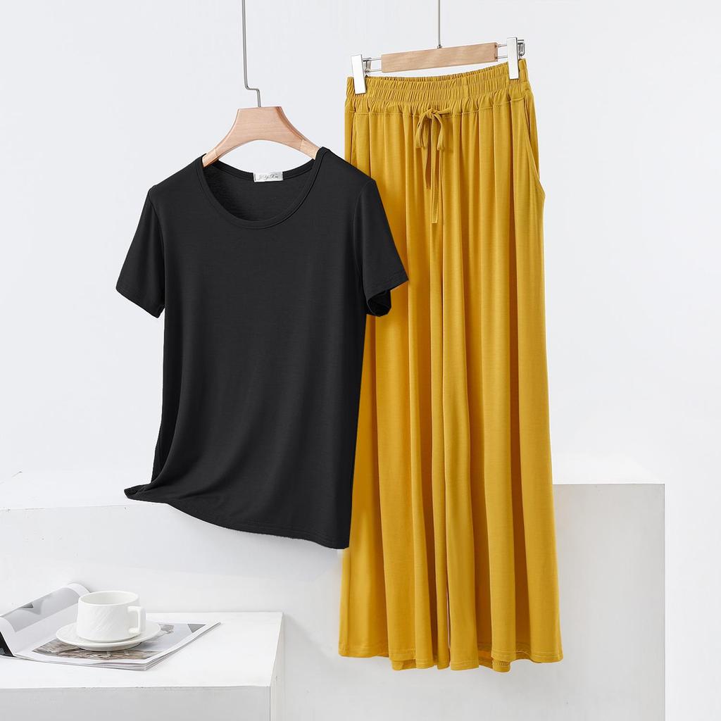 Color Block Cotton Crew Neck Two-Piece Set: Short Sleeve Top & Wide Leg Drawstring Pants