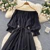 Sweet Women's Dress Slash Neck Long Lantern Sleeves Bandage Gathered Waist Spliced Lace Loose A-line Dresses