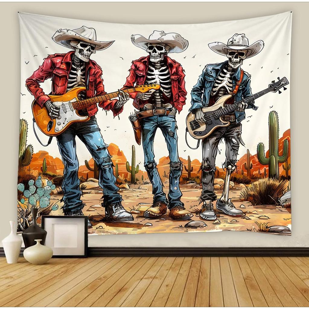 Cowboy Skeleton Band Tapestry Western Music Wall Art for Bedroom or Living Room Large Decorative Hanging Add Unique Style