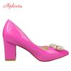 Fashion Aphixta New 7cm Square Heel Baby Pink Pearl Crystals Buckle Patent Leather Women Pumps Officile Pointed Toe Shoes Big Size 35-53