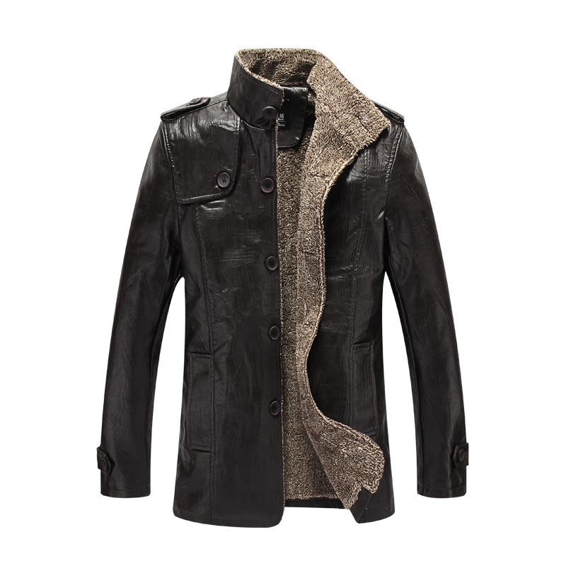 Autumn and winter men's stand-up collar fleece thickened pu leather jacket large size casual medium and long leather jacket