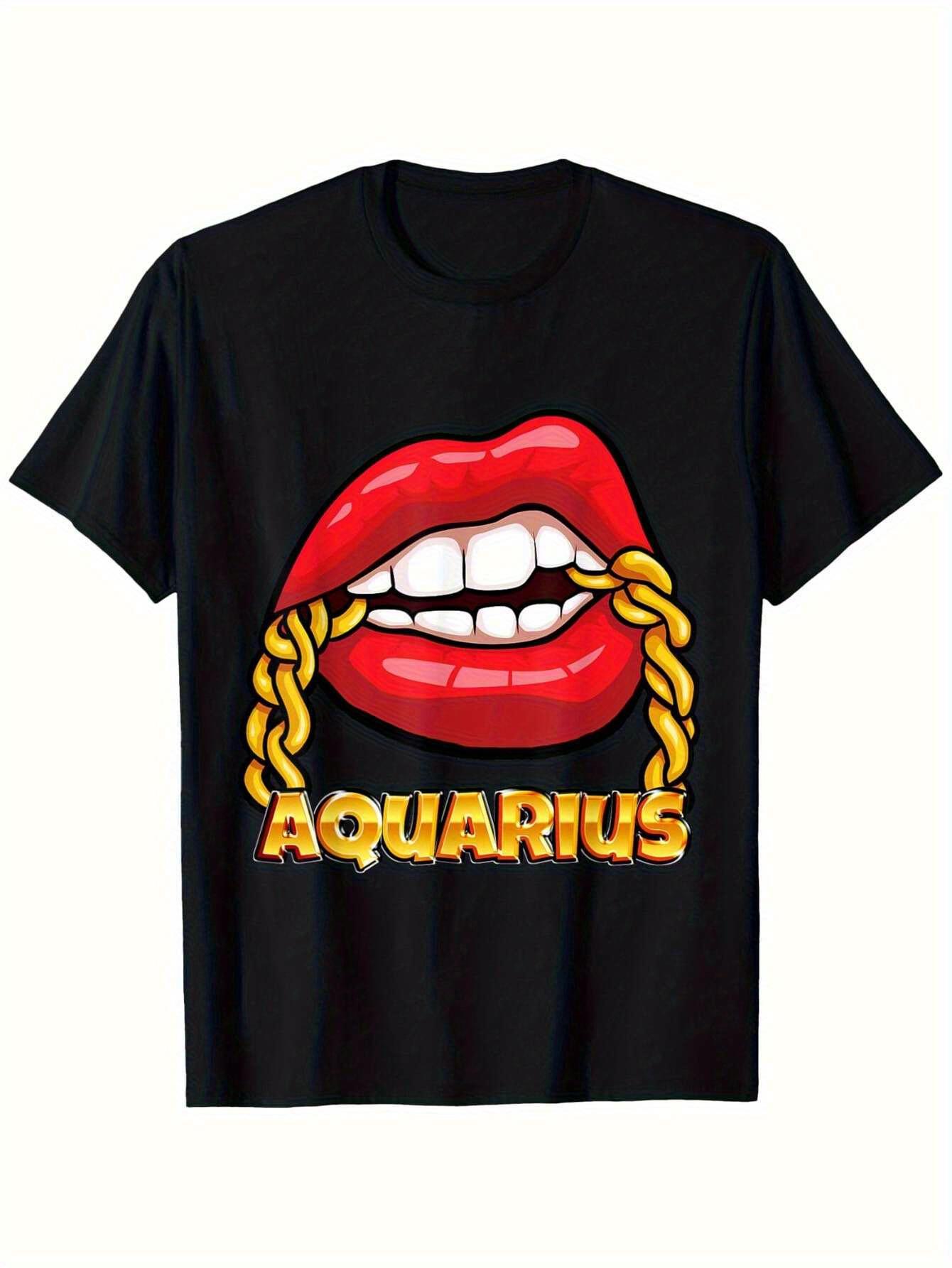 Aquarius Zodiac Sign T-shirt with Golden Chain & Red Lips Graphic - 100% Cotton Slim Fit Unisex Tee for Men & Women L