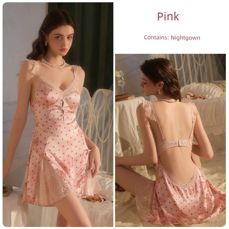 

Good Morning, Linglong Dream with You Polka Dot Lace Stitching Bow Slip Nightdress French Retro Cut Out Homewear Pink Dot (single nightgown) 170 (XL)