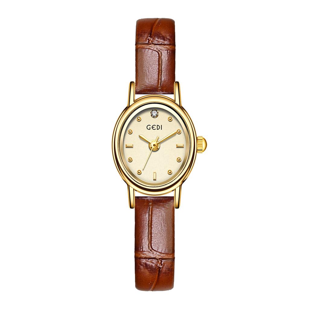 Vintage Gold Womens Quartz Watch With Leather Strap Decorative Waterproof For Lady Casual Wear