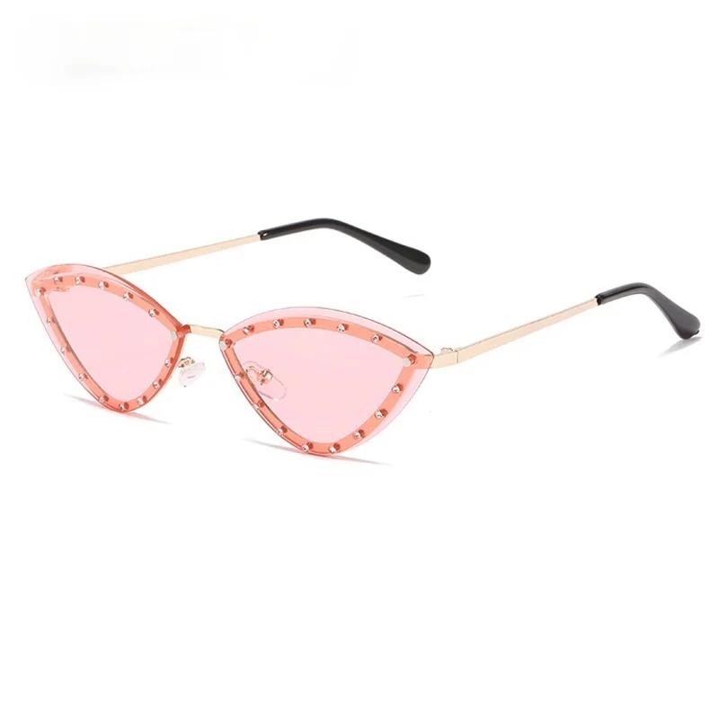 New Triangle Cat Eye Sunglasses Alloy Rimless Crystal Shiny Sun Glasses Female Unique Elegant Green Rhinestone Shades