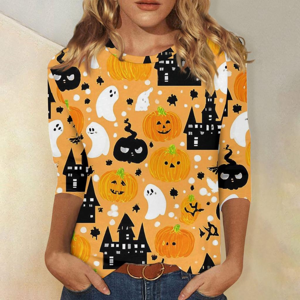 Women's Fashion Casual Three-quarter Sleeve Halloween Printed Round Neck Top