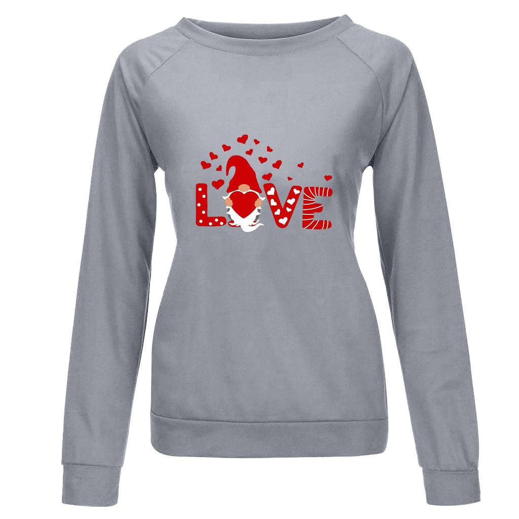 Fashion Womens Loose Valentine's Day Print Round Neck Long Sleeve Sweater Top