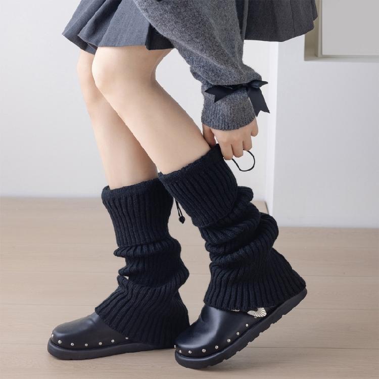 Solid Color Drawstring Leg Warmers for Women Girls Ribbed Knit Turn Cuff Boot Covers Socks for Ballet Dance Skating Yoga