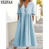 Women's Fashion Summer Spring Solid Color Print Short Sleeve V-Neck Loose Waistline Casual Dresses