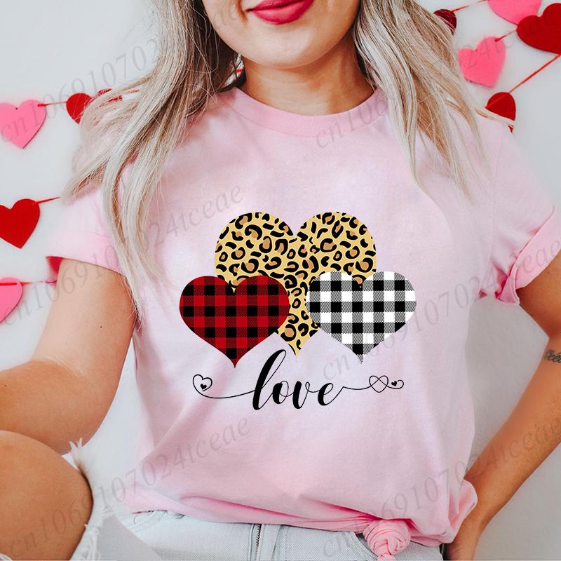 Women's T-Shirts Clothing Valentine Leopard Love Heart Print Tees Breathable Tshirt Loose T-Shirts Harajuku Casual Short Sleeve