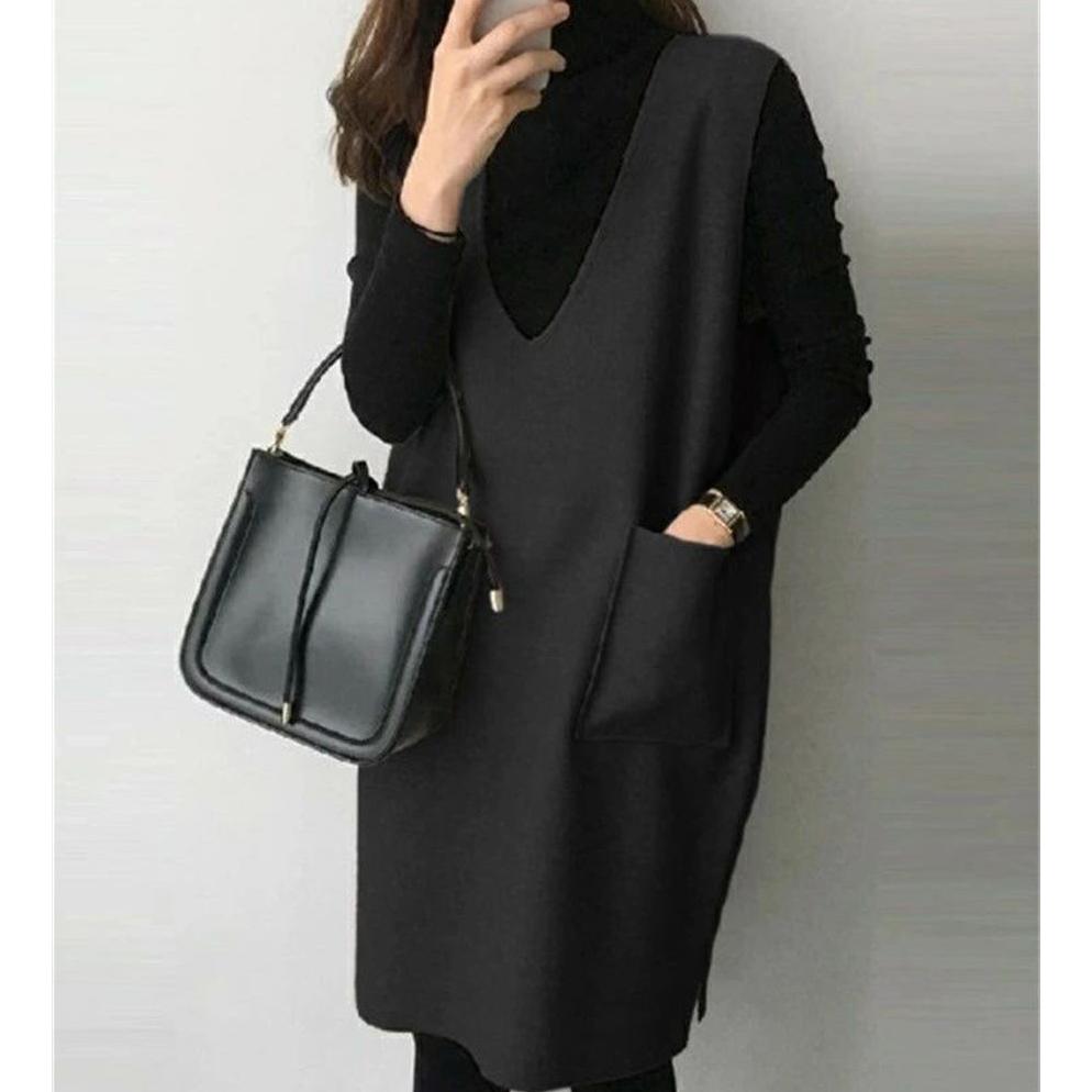Woolen Sleeveless Tank Dress Women's Autumn Winter Solid Loose Vest Bottom Midi Dresses