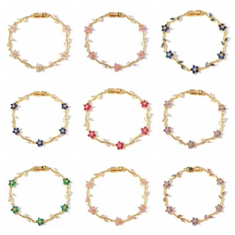 Tide Multiple Color Flower Rhinestone Branch Leaf Bracelet Dopamine Niche Sense Copper Women's Bangle Gifts