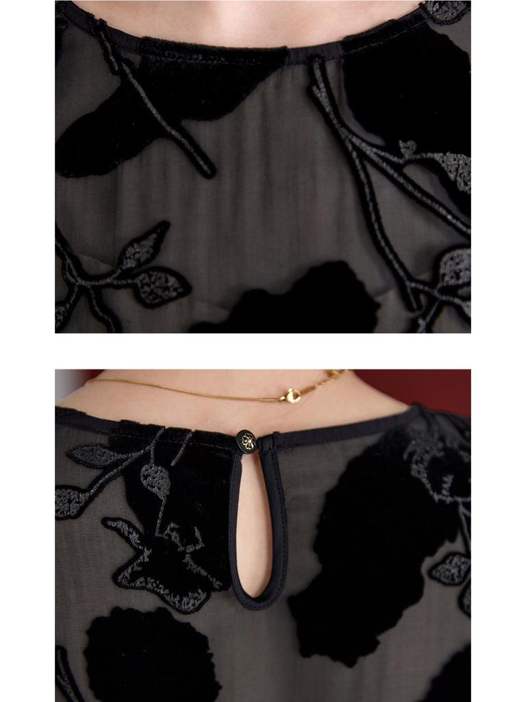 2025 Early Autumn Women's Slimming Burnout Silk Velvet Crew Neck Long Sleeve T-shirt