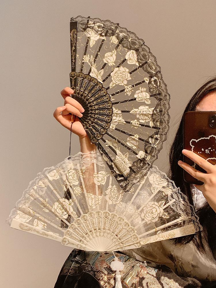 BEPAN Chinese-style black lace folding small fan, summer ancient-style dance horse face skirt folding fan