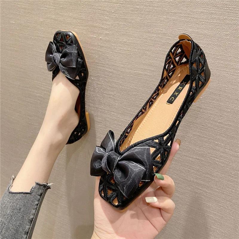 Comemore 2025 Summer Women's Sandals Romanesque Embroidery Hollowed Out Retro Square Head Flat Single Shoe Breathable Shoes