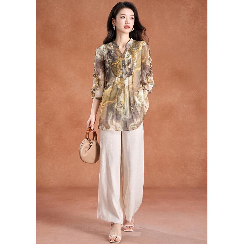 

Melanie Women s Art Print V-Neck Half-Sleeve Straight Pants Two-Piece Set L