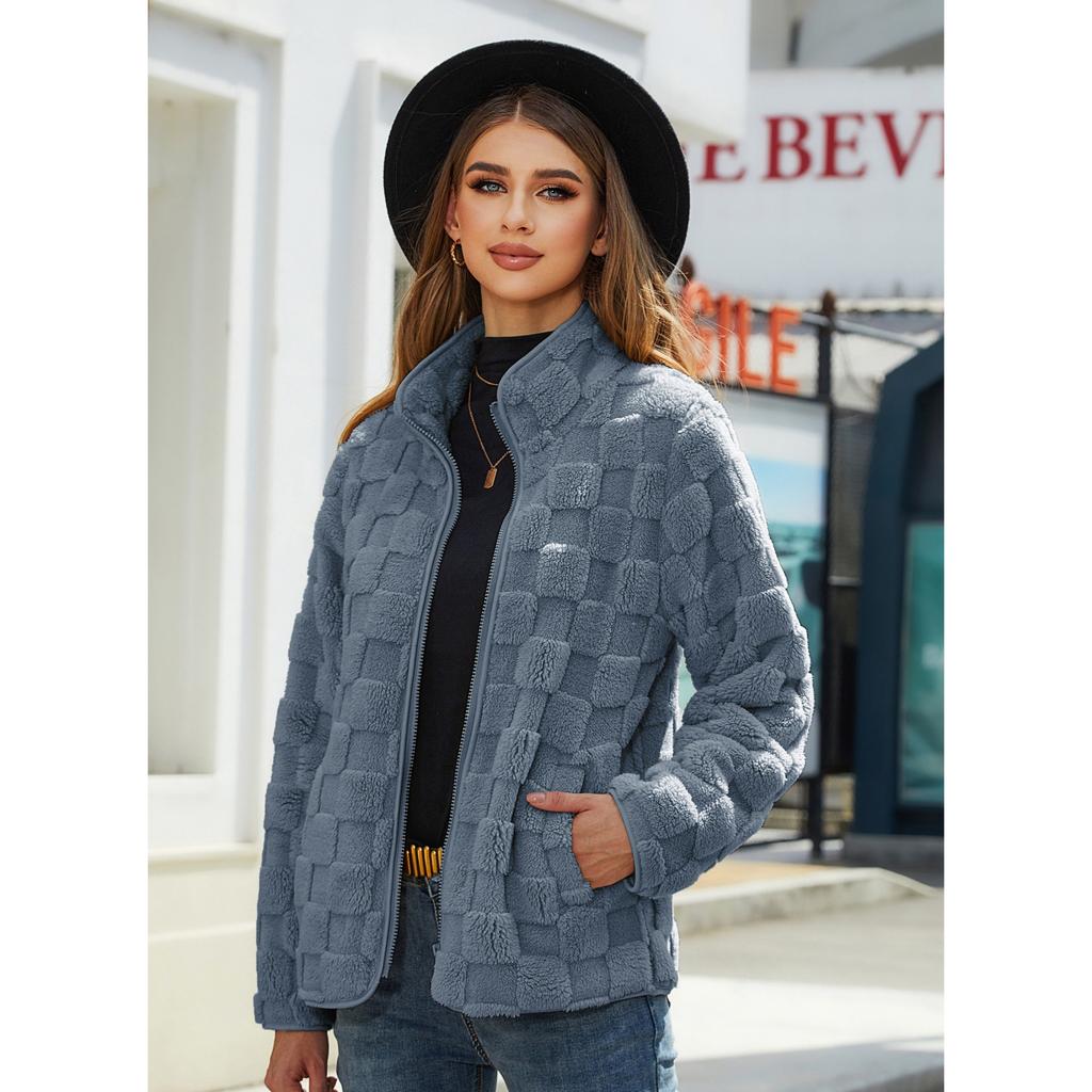 GMXIA Herbst Winter Damen Langarm Strickjacke mit lockerem Reißverschluss und einfarbig kariertem Plüschmantel