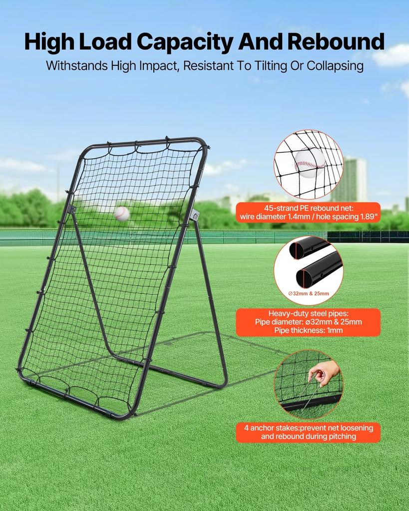 Baseball Softball Rebounder Net 1210 X 1730 Mm Pitch Back Trainer, 5 Adjustable Angles with Strike Zone Target, Steel Frame, Bounce Back Net for