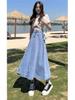 High-Waisted Plus-Size Pleated Denim Midi Skirt for Women - Slimming, Over-the-Knee, New Style