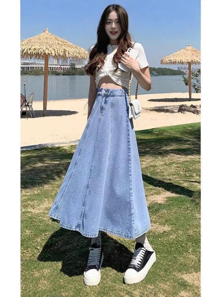 High-Waisted Plus-Size Pleated Denim Midi Skirt for Women - Slimming, Over-the-Knee, New Style