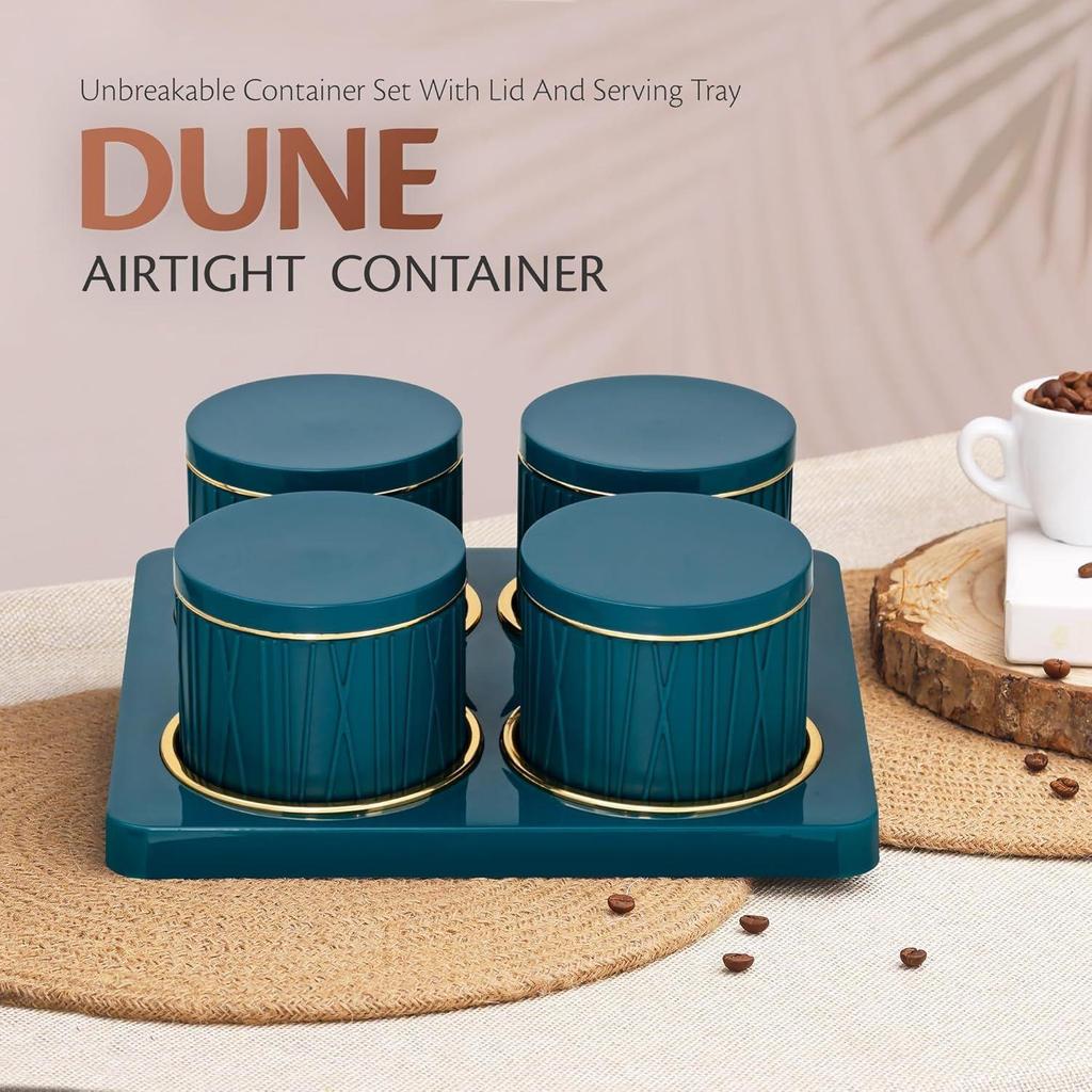 Container Tray Set -4 Pcs (450ml) -Multi-Color (Classic White, Repose Grey, Bluish Grey) Polypropylene with Subtle Gold Rim (Emerald Green)